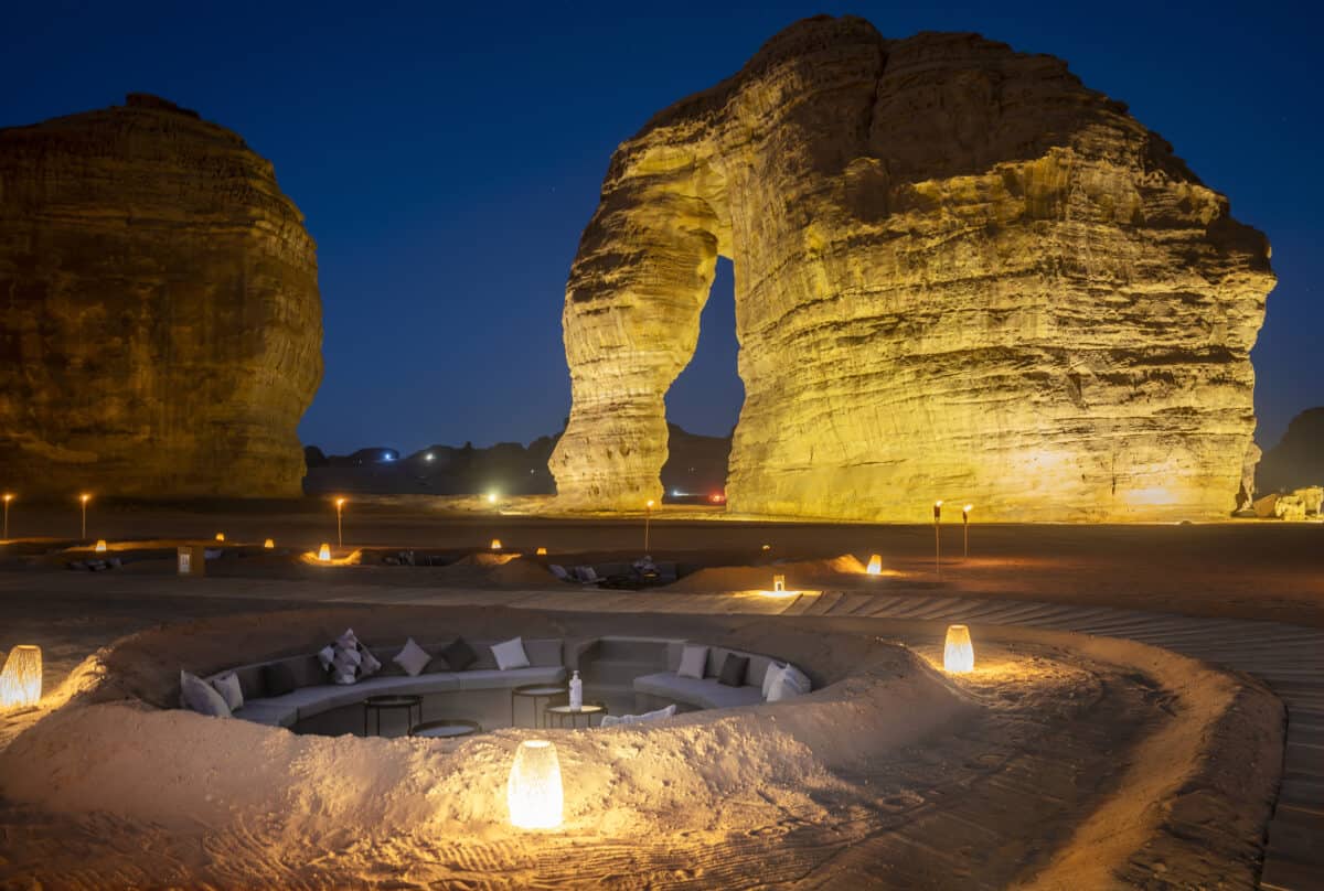 AlUla Saudi Arabia - Elephant Rock at night with traditional seating